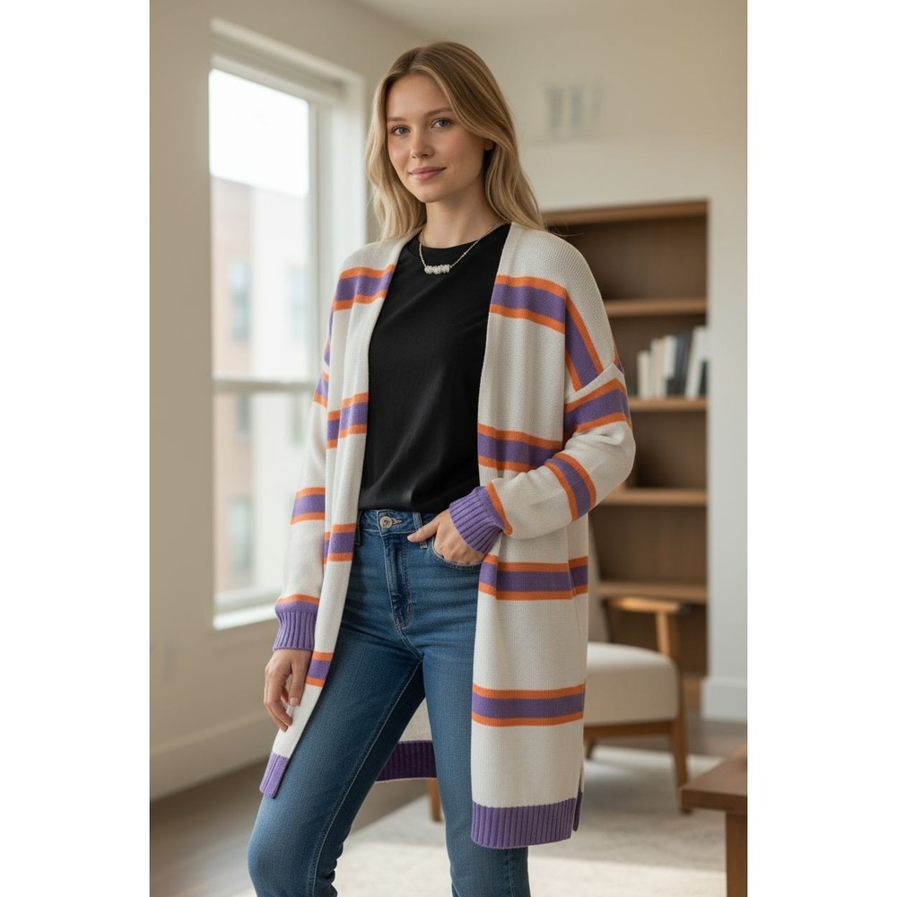 Cardigan Sz S White with Purple/Orange Stripes (see‎ photos of small pull)